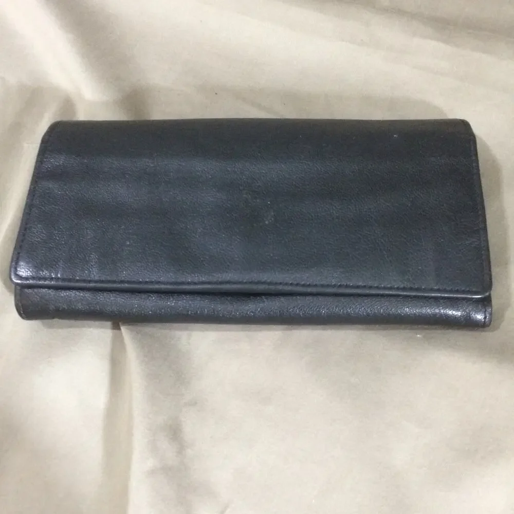 Vintage 90s St Dennis Black Leather Continental Checkbook Wallet Clasp Coin